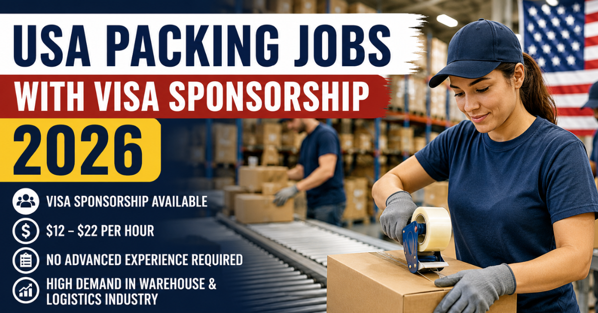 Professional warehouse workers packing boxes in a modern American logistics warehouse with USA packing jobs visa sponsorship 2026 text banner.