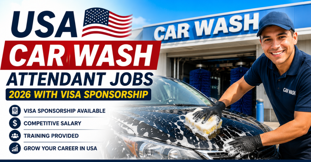 Car wash attendant cleaning a vehicle at a modern USA car wash facility in 2026 with visa sponsorship job opportunity.