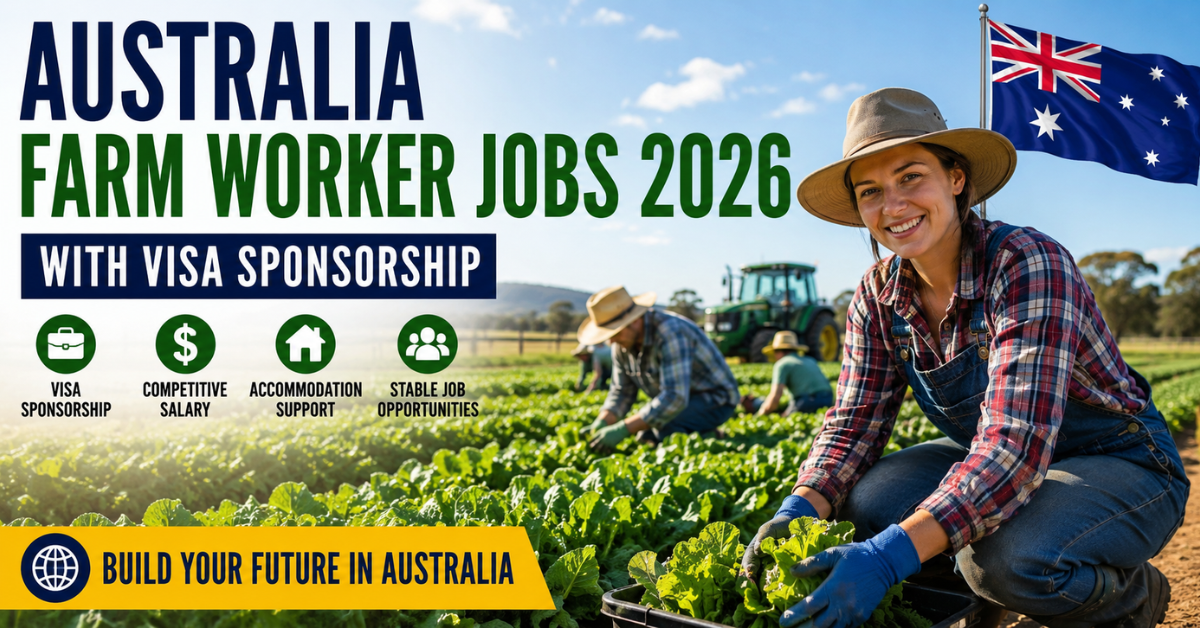 Australia farm worker jobs 2026 with visa sponsorship featuring workers harvesting crops on a modern Australian farm.