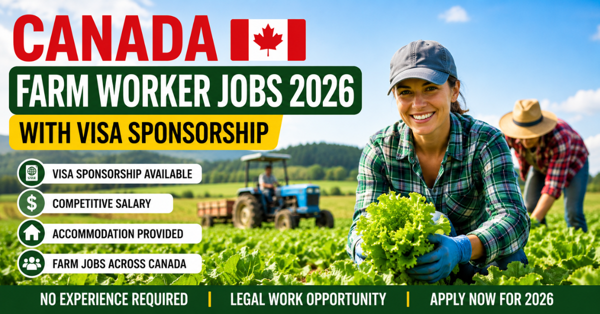 Canadian farm workers harvesting vegetables in a large agricultural field with tractors and farming equipment for Canada Farm Worker Jobs 2026 with Visa Sponsorship.